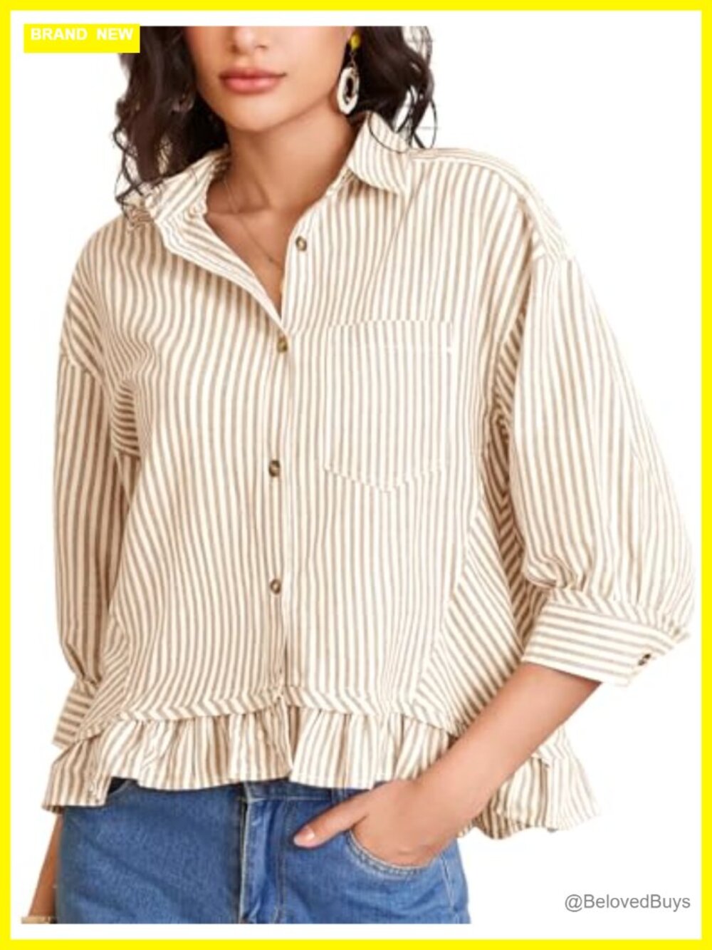 Womens 100% Cotton Cropped Button Down Shirt 3/4 Sleeve Ruffled Blouse
